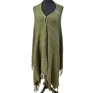 LuLaRoe Mimi Knit Button Front Fringe Wrap Shawl Poncho Olive Green OS